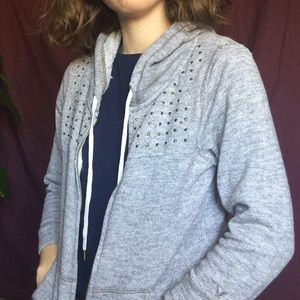 Women’s hoodie zip up with studs 3/4 sleeves light jacket gray sweatshirt
